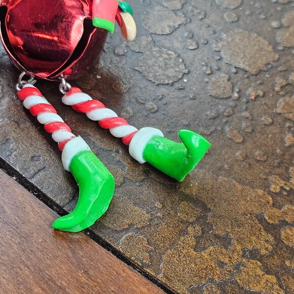 Christmas Elf Ornament Metal Bell Red Green Striped Scarf Holiday Dangling Legs - Picture 7 of 8
